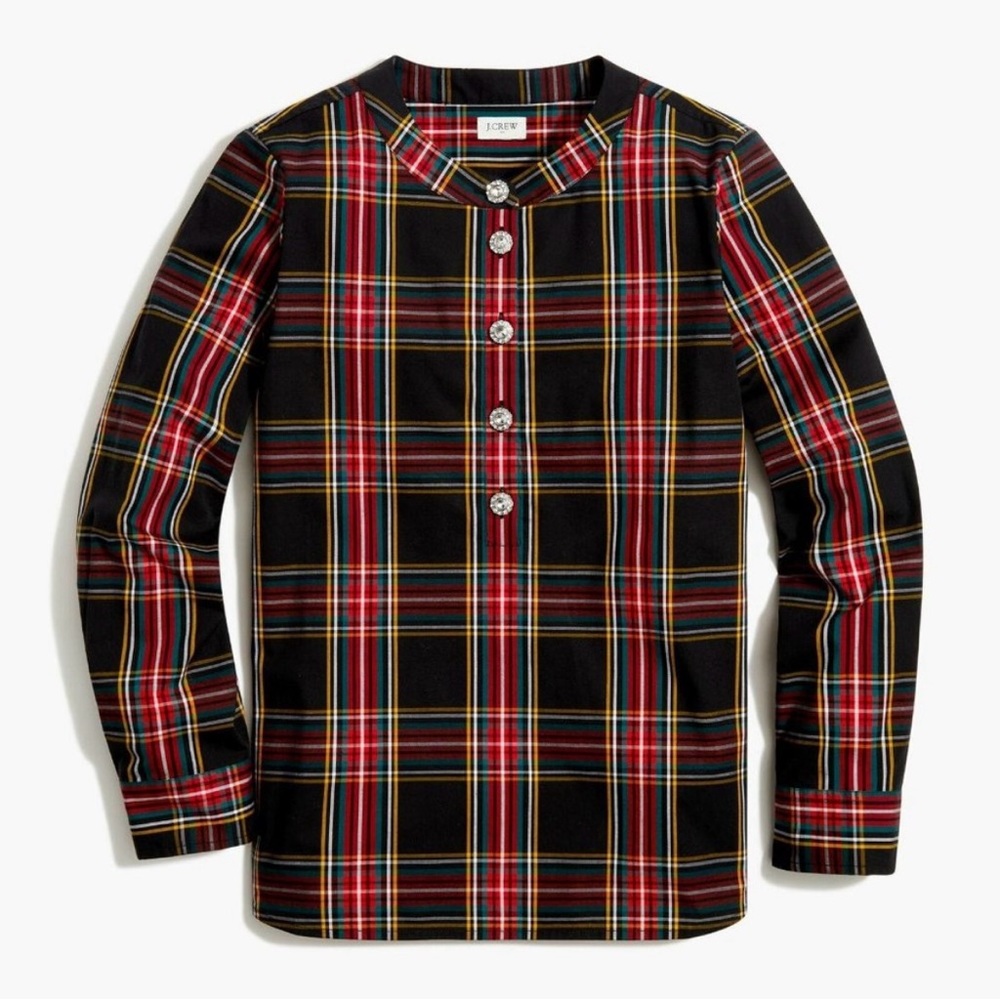 Holiday Stewart Plaid Cotton Popover Tunic Top w/ Jeweled Buttons Size Me…